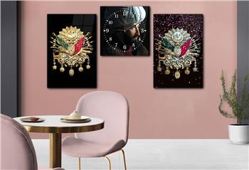 OSMANLI DEVLET ARMASI VE FATİH SULTAN MEHMET HAN GÖRSELLİ CAM TABLO CAM SAAT SETİ 