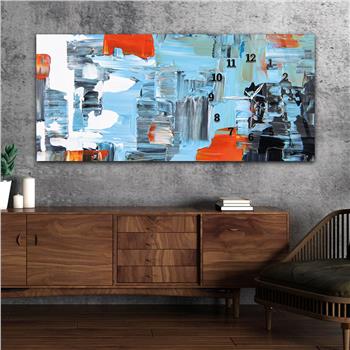 Horizontal bedrucktes Glas mit Kunst und Naturthema und einer Uhr an der Seite 148