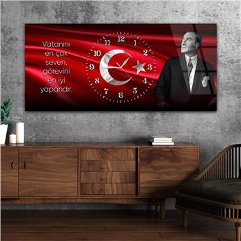 Yatay Saatli Ortadan Vatan Temalı Cam Tablo 169