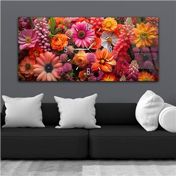 Renkli Çiçekli Saatli Cam Tablo