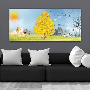 Horizontal bedrucktes Glas mit Kunst und Naturthema und einer Uhr an der Seite 159