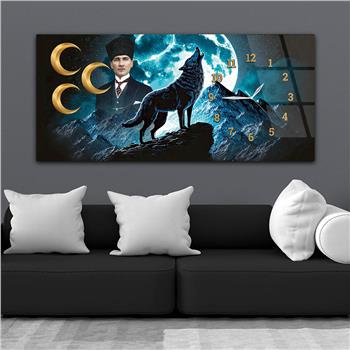 Yatay Saatli Yandan Vatan Temalı Cam Tablo 039