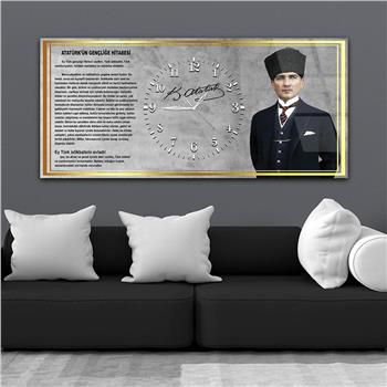 Yatay Saatli Ortadan Vatan Temalı Cam Tablo 164