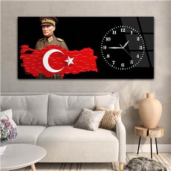 Yatay Saatli Yandan Vatan Temalı Cam Tablo 031