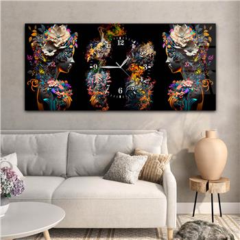 Yatay Ortadan Saatli  Sanat ve Doğa Temalı Cam Tablo 064