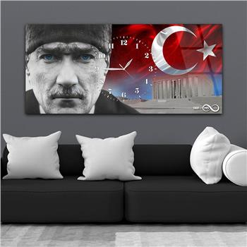 Yatay Saatli Ortadan Vatan Temalı Cam Tablo 161