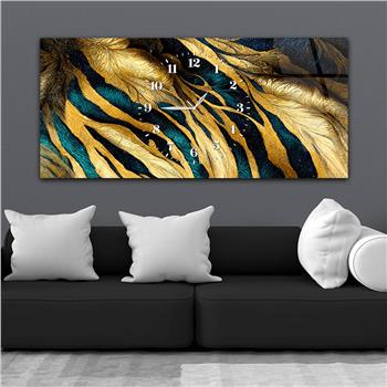 Mavi ve Gold Renkli, Çizgi ve Yaprak Desenli Saatli Cam Tablo