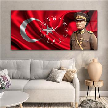 Yatay Saatli Ortadan Vatan Temalı Cam Tablo 097