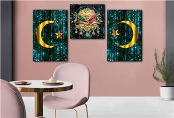 AY YILDIZ VE OSMANLI DEVLET ARMASI GÖRSELLİ  CAM TABLO SAAT SETİ 