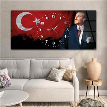 Yatay Saatli Ortadan Vatan Temalı Cam Tablo 152