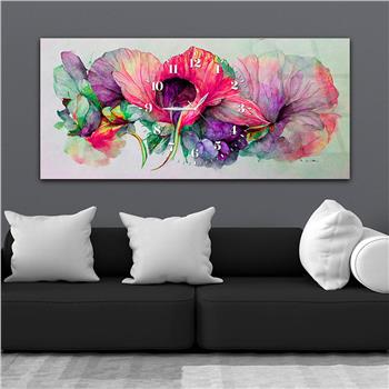 Çiçek Desenli Ortadan Saatli Cam Tablo