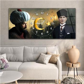 Yatay Saatli Ortadan Vatan Temalı Cam Tablo 157