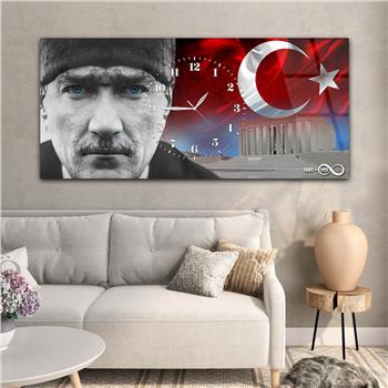 Yatay Saatli Ortadan Vatan Temalı Cam Tablo 161