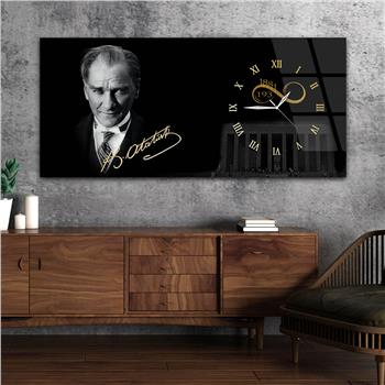 Yatay Saatli Yandan Vatan Temalı Cam Tablo 032