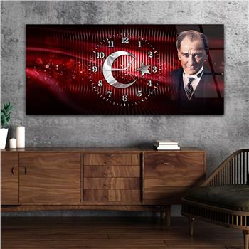 Yatay Saatli Ortadan Vatan Temalı Cam Tablo 141