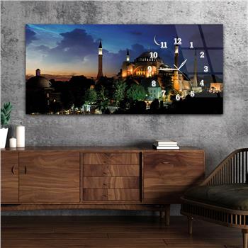 Horizontal bedrucktes Glas mit Kunst und Naturthema und einer Uhr an der Seite 141