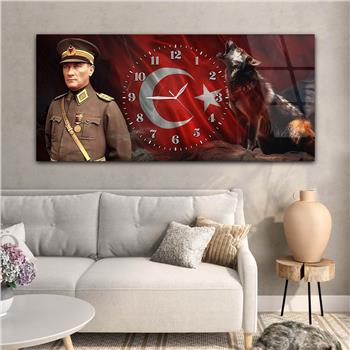 Yatay Saatli Ortadan Vatan Temalı Cam Tablo 172