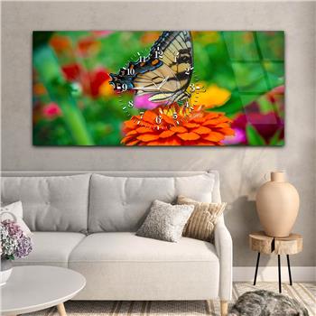 Horizontal bedrucktes Glas mit Kunst- und Naturthema und einer Uhr in der Mitte 007