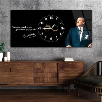 Yatay Saatli Ortadan Vatan Temalı Cam Tablo 126