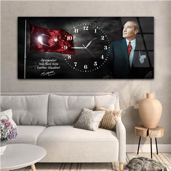 Yatay Saatli Ortadan Vatan Temalı Cam Tablo 156