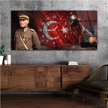 Yatay Saatli Ortadan Vatan Temalı Cam Tablo 172