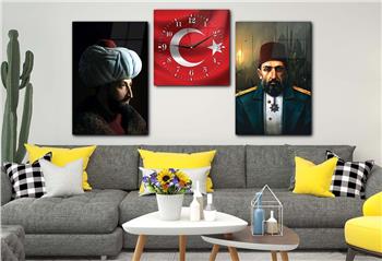 FATİH SULTAN MEHMET HAN ABDULHAMİD HAN VE TÜRK BAYRAĞI GÖRSELLİ CAM TABLO CAM SAAT SETİ 