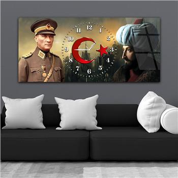 Yatay Saatli Ortadan Vatan Temalı Cam Tablo 158