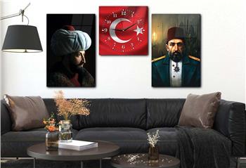 FATİH SULTAN MEHMET HAN ABDULHAMİD HAN VE TÜRK BAYRAĞI GÖRSELLİ CAM TABLO CAM SAAT SETİ 