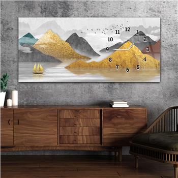 Horizontal bedrucktes Glas mit Kunst und Naturthema und einer Uhr an der Seite 169