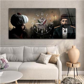 Fatih Sultan Mehmet Han Abdülhamit Han ve Osmanlı Tuğralı Saatli Cam Tablo 076