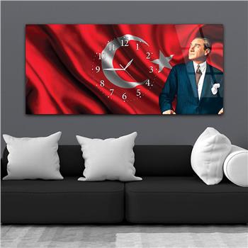 Ayyıldız Türk Bayrağı ve Atatürk Yatay Ortadan Saatli  Cam Tablo 084