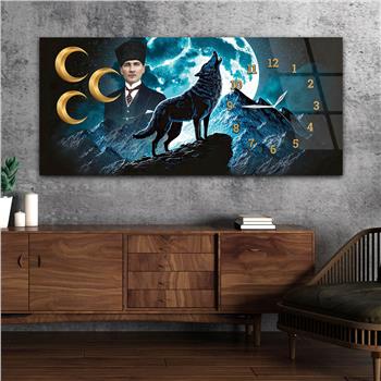 Yatay Saatli Yandan Vatan Temalı Cam Tablo 039