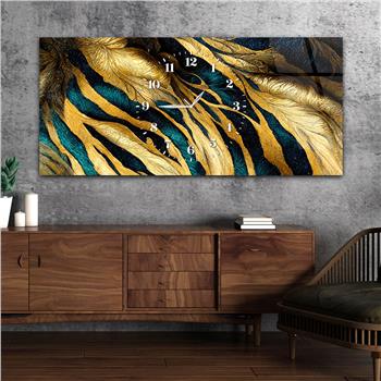 Mavi ve Gold Renkli, Çizgi ve Yaprak Desenli Saatli Cam Tablo