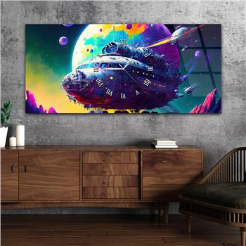 Horizontal bedrucktes Glas mit Kunst- und Naturthema und einer Uhr in der Mitte 045