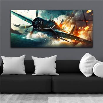 Deniz Üstünde Savaş Uçağı Görselli Saatli Cam Tablo