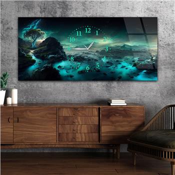 Yatay Ortadan Saatli  Sanat ve Doğa Temalı Cam Tablo 062