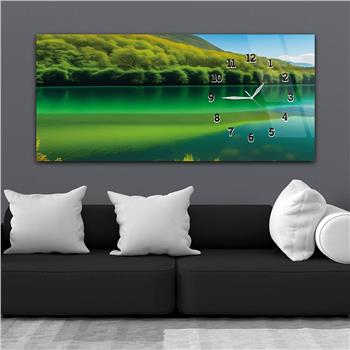 Horizontal bedrucktes Glas mit Kunst und Naturthema und einer Uhr an der Seite 179