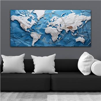 Açık Mavi Zemin Dünya Haritalı Modern  Saatli Cam Tablo