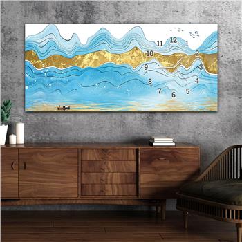 Horizontal bedrucktes Glas mit Kunst und Naturthema und einer Uhr an der Seite 160