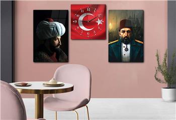 FATİH SULTAN MEHMET HAN ABDULHAMİD HAN VE TÜRK BAYRAĞI GÖRSELLİ CAM TABLO CAM SAAT SETİ 