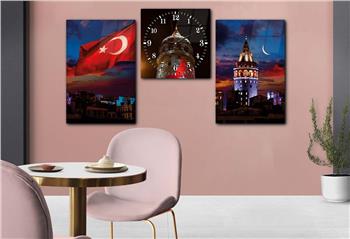 GALATA KULESİ TÜRK BAYRAĞI GÖRSELLİ  CAM TABLO SAAT SETİ 