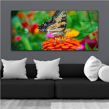 Horizontal bedrucktes Glas mit Kunst- und Naturthema und einer Uhr in der Mitte 007