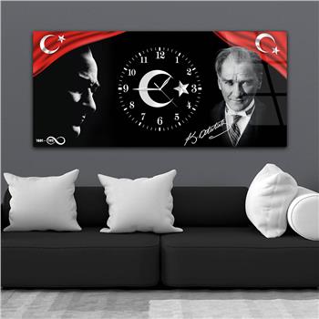 Yatay Saatli Ortadan Vatan Temalı Cam Tablo 166