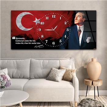 Yatay Saatli Ortadan Vatan Temalı Cam Tablo 151