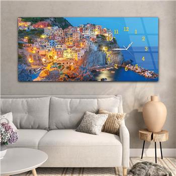 Horizontal bedrucktes Glas mit Kunst und Naturthema und einer Uhr an der Seite 113