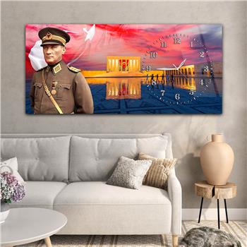 Yatay Saatli Yandan Vatan Temalı Cam Tablo 025