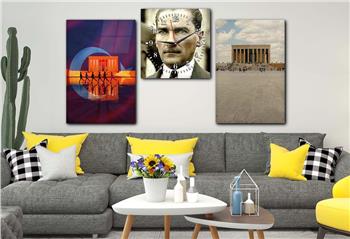 MUSTAFA KEMAL ATATÜRK VE ANITKABİR GÖRSELLİ GÖRSELİ CAM TABLO SAAT SETİ 