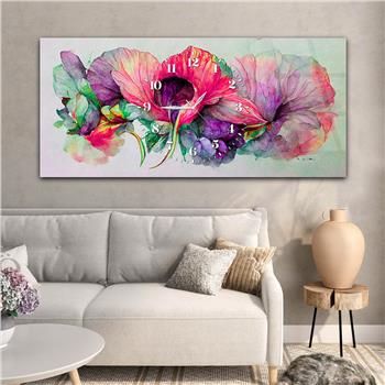 Çiçek Desenli Ortadan Saatli Cam Tablo