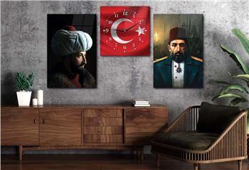 FATİH SULTAN MEHMET HAN ABDULHAMİD HAN VE TÜRK BAYRAĞI GÖRSELLİ CAM TABLO CAM SAAT SETİ 