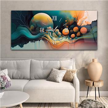 Yatay Ortadan Saatli  Sanat ve Doğa Temalı Cam Tablo 084